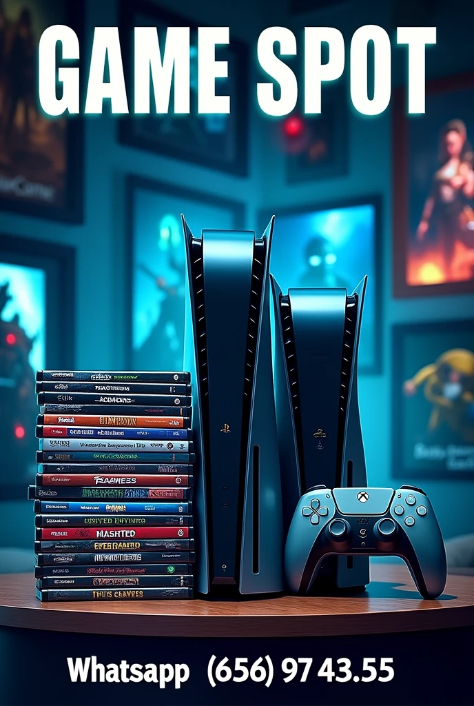 Je voudrais vendre des jeux ps4 , ps5 et Xbox . Le nom de ma boutique sera "GAME SPOT" et le numéro de téléphone whatsapp à contacter pour acheter des jeux sera "656 97 43 63". A partir de ces informations , je voudrais que tu me generes une affiche attrayante de vente de jeux vidéos , l'image doit bien refleter des étuis de jeux ps4 et xbox aussi ajoute aussi des consoles ps4 et xbox et ps4 , ajoutes des piles de jeux videos ps4 et xbox a limage ,inclues aussi une identification visuelle de la marque Ps4 , et Xbox aussi , en incluant sur limage le nom de ma boutique et aussi le numero de telephone whatsapp a contacter (656 97 43 63 )