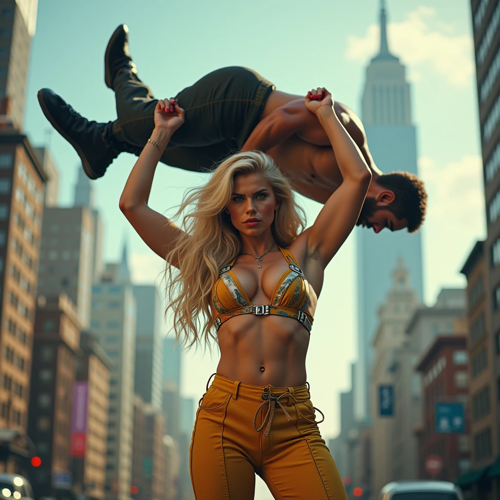 A beautiful woman with blond hair, intense eyes, and a fierce expression, wearing a colorful and stylish outfit, effortlessly lifting a large man high above her head with her strong and muscular arms, a dramatic wide-angle view of the cityscape skyline in the background, highly detailed, photorealistic, vivid colors, dynamic lighting, cinematic composition