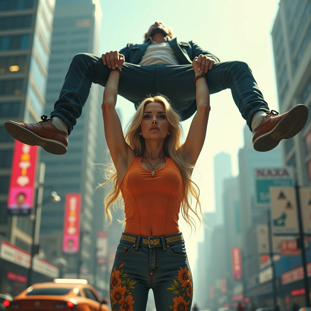 A beautiful woman with blond hair, intense eyes, and a fierce expression, wearing a colorful and stylish outfit, effortlessly lifting a large man high above her head with her strong and muscular arms, a dramatic wide-angle view of the cityscape skyline in the background, highly detailed, photorealistic, vivid colors, dynamic lighting, cinematic composition