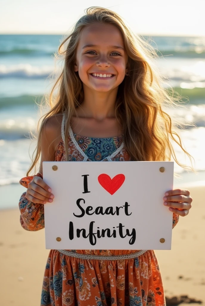 Beautiful girl with wavy long hair, bohemian dress, holding a white board with text "I Love Seaart Infinity" and showing it to the viewer
