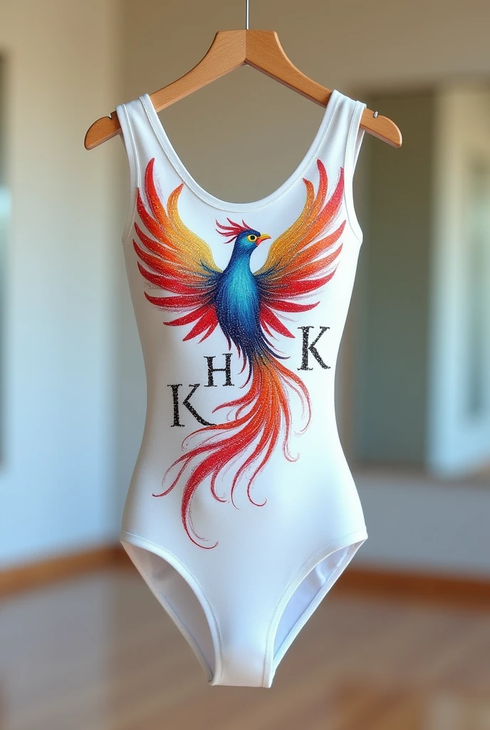 White rhythmic gymnastics leotard with a simple colored phoenix hand-painted in the center and the letters H and K next to the phoenix , various stones and rhinestones embellishing the garment.