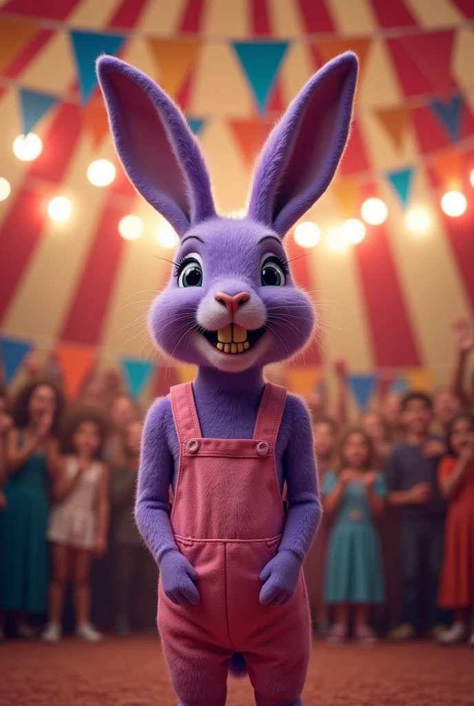 a purple rabbit WITHOUT A NOSE with yellowed teeth and humanoid pink farm clothes without a hat and a long body in a circus
