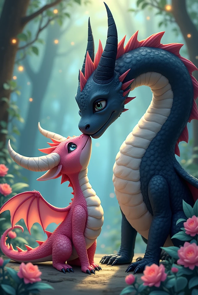 Make a furry drawing of a pink and white dragon with white horns kissing a black dragon that is taller than him