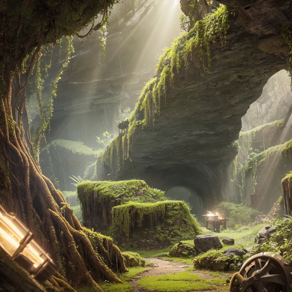 cave, extremely large bunker steel door, fallout shelter style, cave with vegetation, detailed cave, square bunker entrance, rusted metal, cave, rocky surroundings, early sci-fi, post-apocalyptic style, industrial rivets, bulkhead door, dim lighting, moss-covered rocks, futuristic bunker, solid metal construction, studio lighting, Rembrandt Lighting, rule of thirds composition, detailed objects, cinematic lightning, studio light, sharp focus, logical hands, digital masterpiece, shocking atmosphere, high quality, ultra details