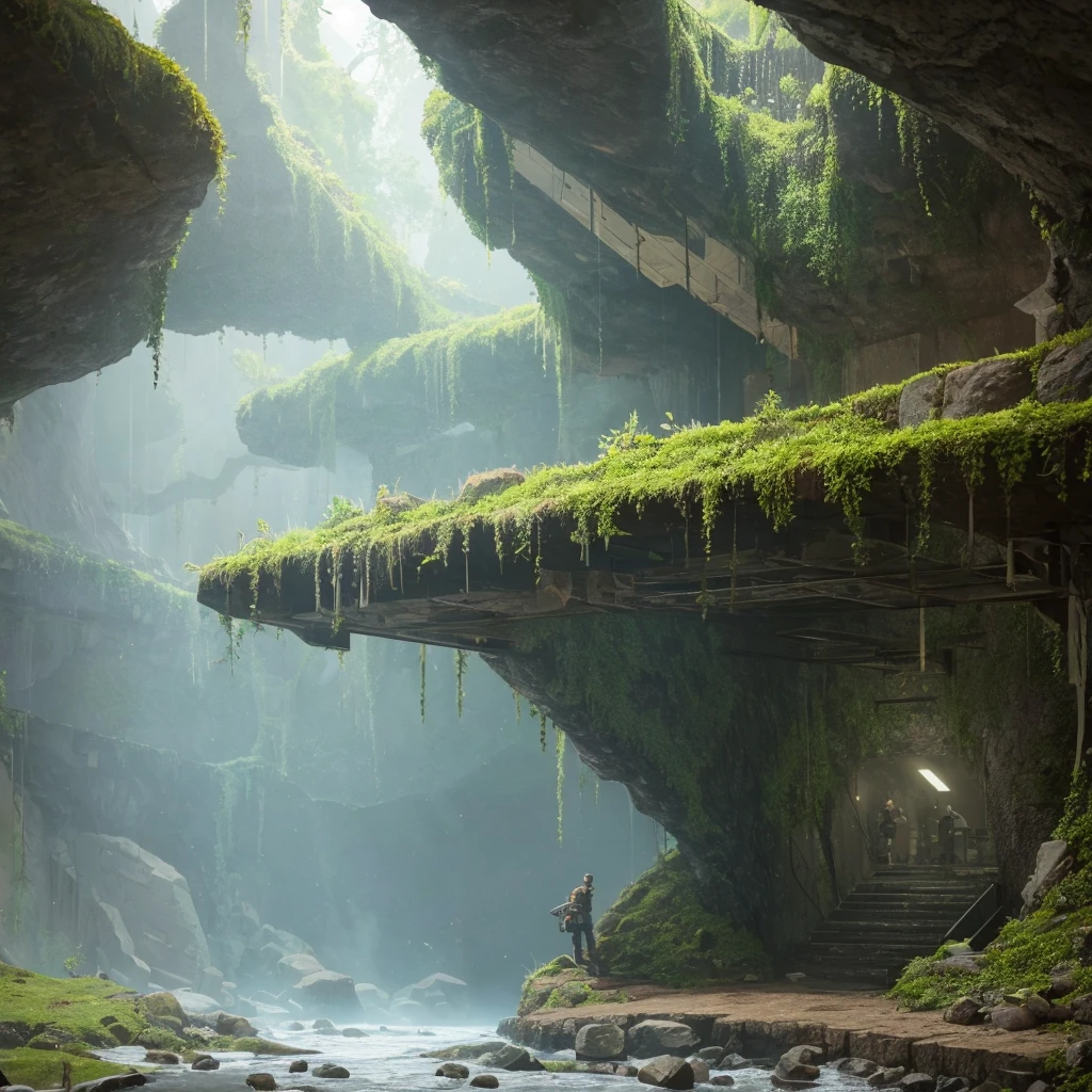 cave, extremely large bunker steel door, fallout shelter style, cave with vegetation, detailed cave, square bunker entrance, rusted metal, cave, rocky surroundings, early sci-fi, post-apocalyptic style, industrial rivets, bulkhead door, dim lighting, moss-covered rocks, futuristic bunker, solid metal construction, studio lighting, Rembrandt Lighting, rule of thirds composition, detailed objects, cinematic lightning, studio light, sharp focus, logical hands, digital masterpiece, shocking atmosphere, high quality, ultra details