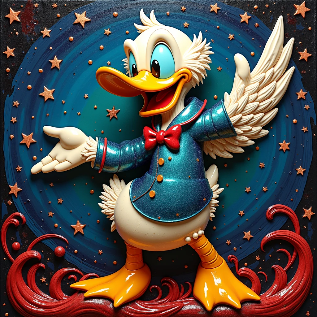 A dynamic Scrooge McDuck made from hot wax, encaustic technique, Dutch pour art, blowout painting style, liquid pour effects, incorporating Coca-Cola for unique textures, resin finish, set against a celestial background with swirling galaxies and stars, vibrant colors, and fluid forms.