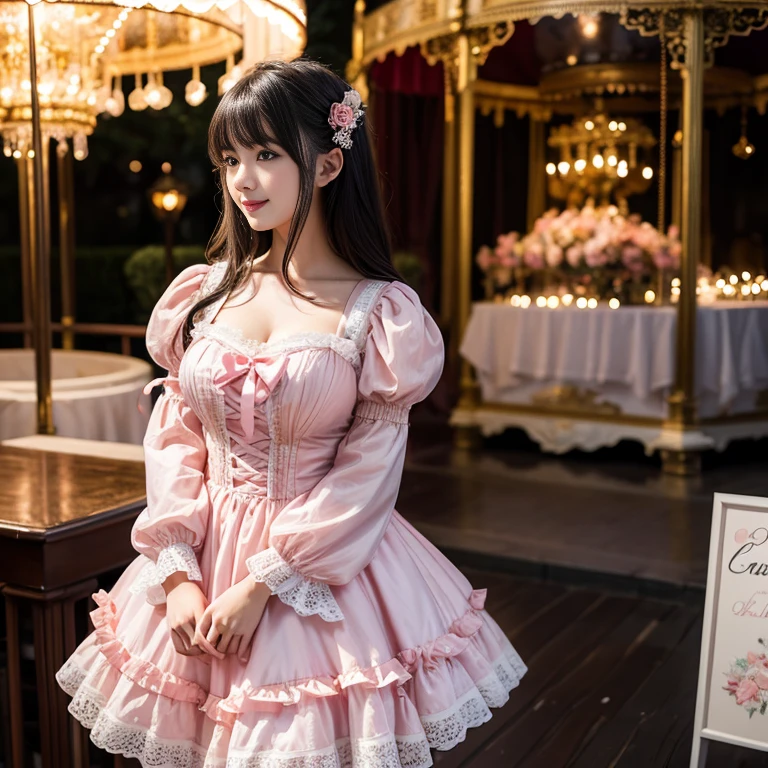 Side shot, Mature, , 41 year old woman, Bow at the back of the waist, Skirt length to calf, cupcake dress, Layered skirt with lace on each layer, Wear a LOLITA dress, layered dress, Pink lolita skirt, lots of lace, Long sleeve, Wide sleeves, Big skirt, layered lace skirt, Puff sleeves, Wide sleeves, Transparent sleeves, intricate details showcase the ruffles and intricate designs of the Lolita dress, Wearing a lolita dress, in the amusement park, at disneyland, The background is a carousel, best quality, Delicate face，beautiful visual work, lifelike, eternity, black hair, Long curly hair, blunt bangs, Smile, Detailed Background, Delicate face，blush，cold，((masterpiece))、(top quality)、8k、high detail、Super detailed，41-year-old female， masterpiece、born、Scenes resembling fairy tale illustrations、intricate details和複雜的設計、Beautifully、magic、capricious、 Beautifully、Dream aesthetics、「𝓡𝓸𝓶𝓪𝓷𝓽𝓲𝓬、ethereal、charming、fickle、magic」、realism、Visual effects、FXAA、SSAO、Shader、voiceless、ambient lighting、Tone mapping、High resolution、Ultra high quality、Million pixels、(8K resolution:1.10)、8k、8k以下、8K resolution、high detail、intricate details， (high quality:1.2、masterpiece:1.2、:1.21)、(41-year-old female:1.21)、(興奮地Smile)、(Surrounded by a dreamy atmosphere、Model diagram，full-body shot，Normal 2 feet，Put your hands behind you，The protrusion of the breast is visible when wearing clothes, Large Breasts, H cup chest, pink clothes, Don&#39;t show your fingers, full-body shot， full-body shot，full-body shot，full-body shot，full-body shot，full-body shot，full-body shot，full-body shot，hands hidden in clothes, hands hidden in clothes,hands hidden in clothes,hands hidden in clothes,hands hidden in clothes,hands hidden in clothes,hands hidden in clothes,hands hidden in clothes,hands hidden in clothes, ,hands hidden in sleeves ,hands hidden in sleeves ,hands hidden in sleeves ,hands hidden in sleeves ,hands hidden in sleeves ,hands hidden in sleeves ,hands hidden in sleeves ,hands hidden in sleeves, arms behind back, arms behind back, milf, mature women