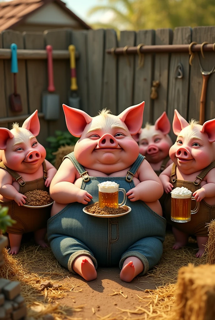 fat pig lazy, in the pigsty, sad and poorly dressed pigs serving him food and beer, pixar style