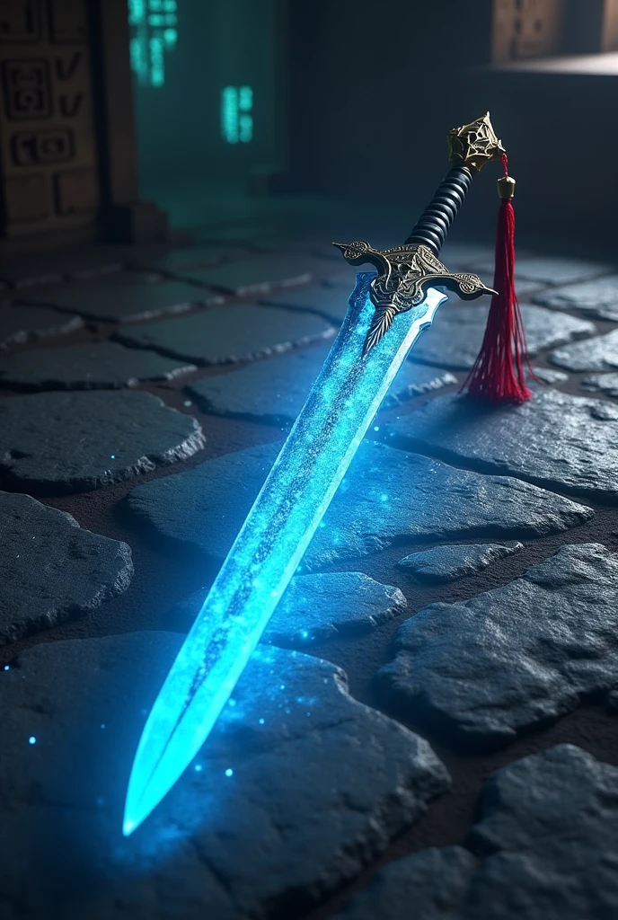 ((((magic sword with red tassel on the tip of handle)))), blue aura on blade, 4k, 8k, HD, high definition, magic, mana, black handle, short handle, on the floor