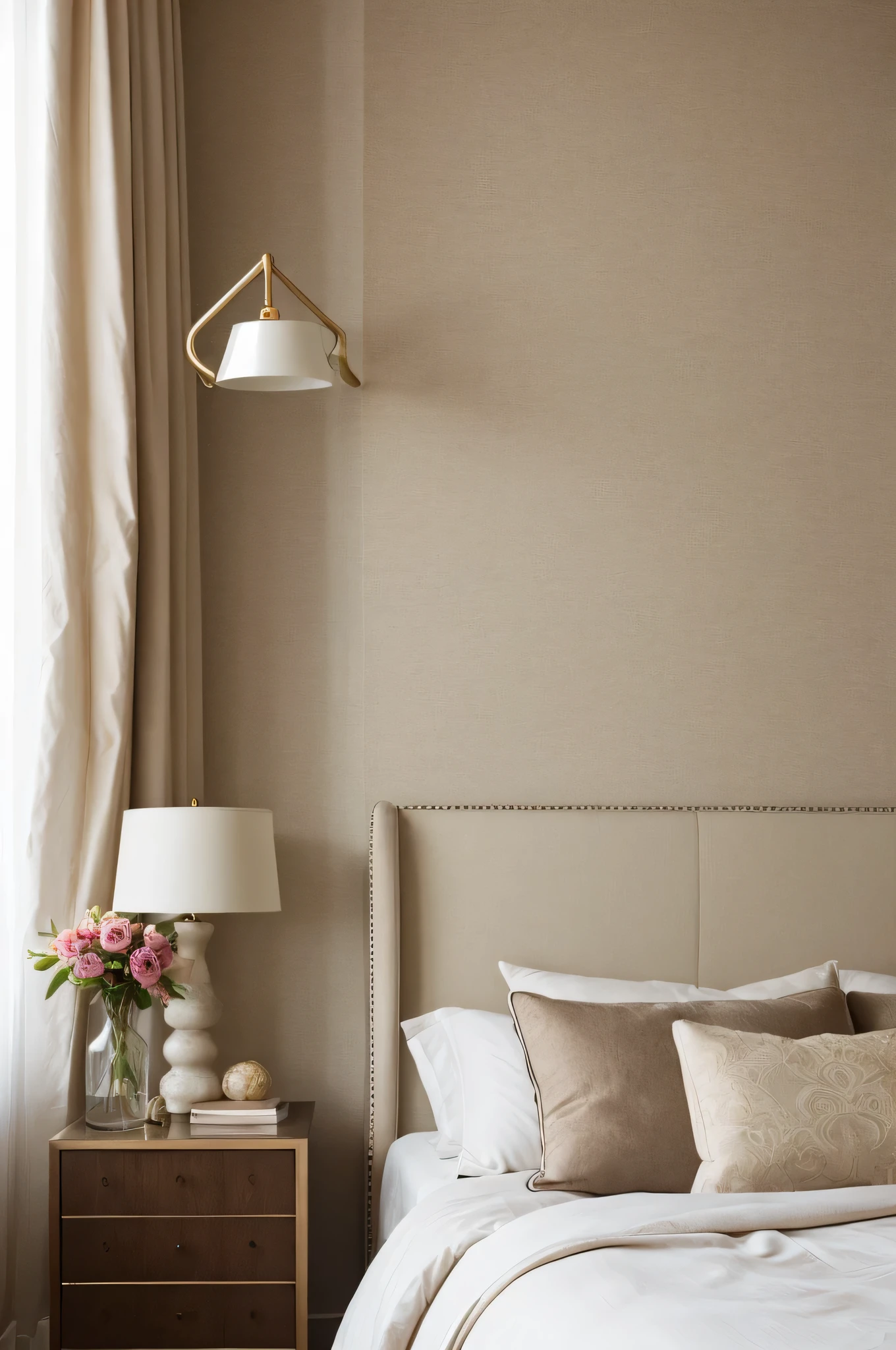 "Create a luxurious bedroom scene featuring a large, tufted bed frame upholstered in a soft, neutral fabric. The bed is adorned with multiple decorative pillows in matching tones, including square and round pillows. A cozy blanket is draped casually over the edge of the bed. The room includes mirrored nightstands with a contemporary design and elegant lamps on each side. The overall color palette is light and soothing, with shades of beige and cream, giving the space a serene and inviting atmosphere. Soft natural light filters in through sheer curtains, completing the look of this sophisticated bedroom."