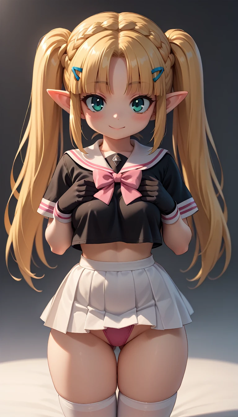 High resolution, Very detailed, perfect lighting, beautiful detailed eyes, ((masterpiece,Best Quality)), absurdities, alone, princess zelda, by the width, crown braid, Hair clip, pointy ears, Gloves without fingers, black gloves, smile, curves, nod, , deep neckline, deep neckline, black school uniform with white details,short white skirt, visible underwear, pink thong, black uniform, black shirt with pink bow, touching her breasts in a sexy way, close up, black fur, close up, pigtails with bangs, pigtails with bangs, touching her breasts in a sexy way, teal eyes, close up, fringe hairstyle, WHITE SOCKS, pigtails with fringe