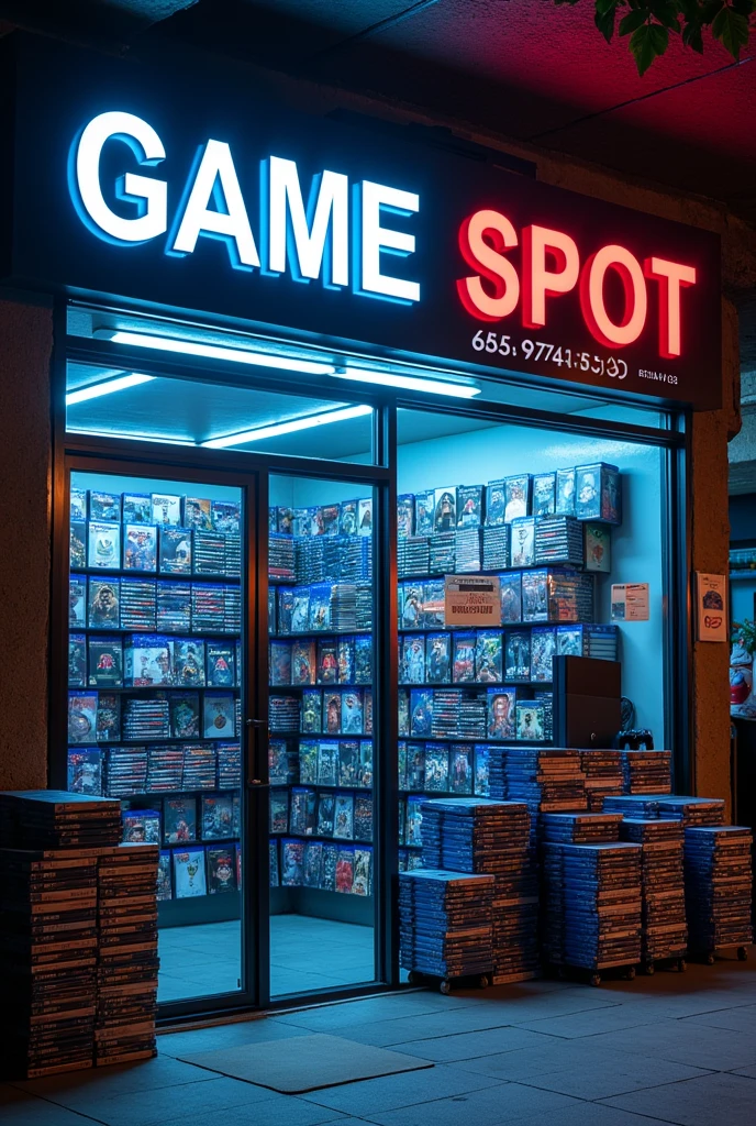 Je voudrais vendre des jeux ps4 , ps5 et Xbox . Le nom de ma boutique sera "GAME SPOT" et le numéro de téléphone whatsapp à contacter pour acheter des jeux sera "656 97 43 63". A partir de ces informations , je voudrais que tu me generes une affiche attrayante de vente de jeux vidéos , l'image doit bien refleter des étuis de jeux ps4 et xbox aussi ajoute aussi des consoles ps4 et xbox et ps4 , ajoutes des piles de jeux videos ps4 et xbox a limage ,inclues aussi une identification visuelle de la marque Ps4 , et Xbox aussi , en incluant sur limage le nom de ma boutique et aussi le numero de telephone whatsapp a contacter 656 97 43 63 