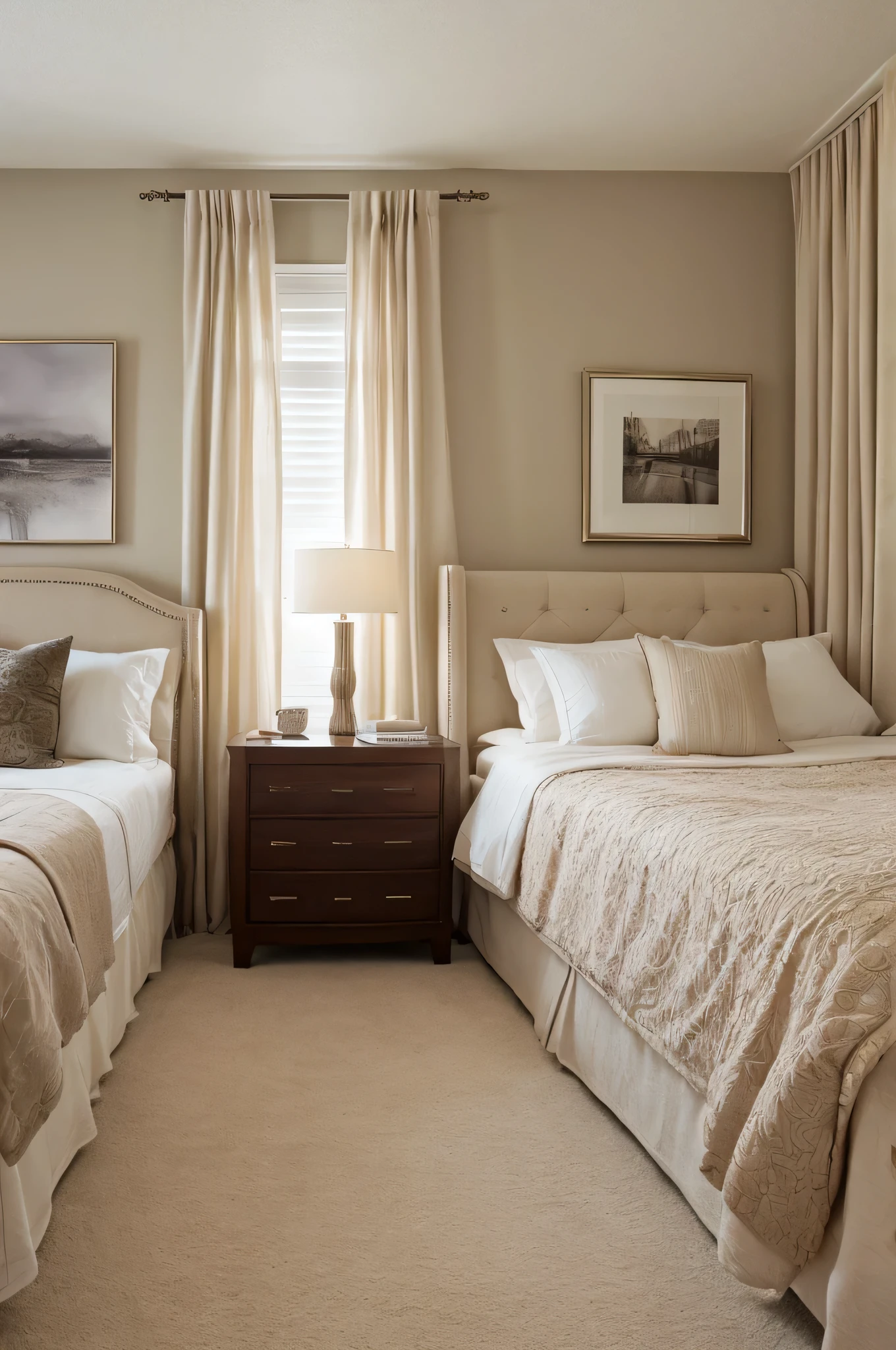 "Create a luxurious bedroom scene featuring a large, tufted bed frame upholstered in a soft, neutral fabric. The bed is adorned with multiple decorative pillows in matching tones, including square and round pillows. A cozy blanket is draped casually over the edge of the bed. The room includes mirrored nightstands with a contemporary design and elegant lamps on each side. The overall color palette is light and soothing, with shades of beige and cream, giving the space a serene and inviting atmosphere. Soft natural light filters in through sheer curtains, completing the look of this sophisticated bedroom."