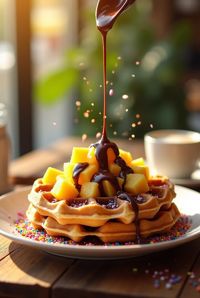 Waffles accompanied with pineapple, mango chunks and chocolate sauce and colorful sprinkles