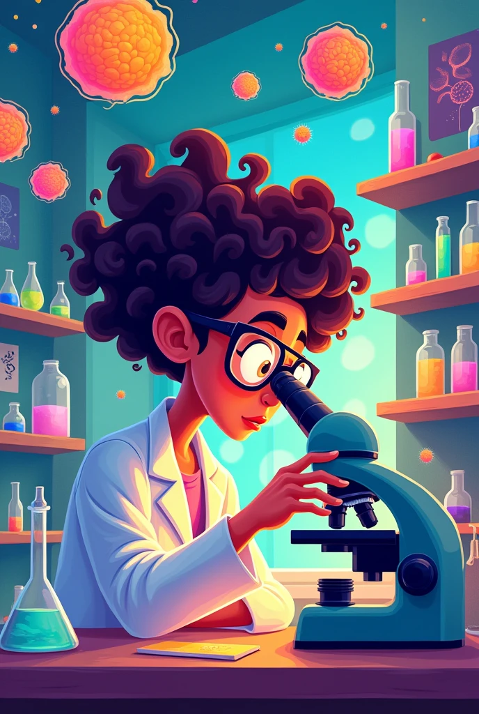 a cartoon drawing of a biologist intently observing a cell under a microscope, in a lab