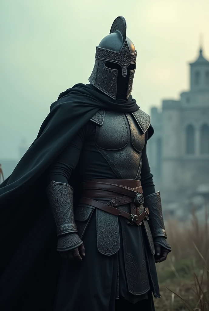Here's the revised prompt:
"Create a highly detailed and realistic image of a Turkish warrior resembling Ertugrul, dressed in black clothing with a black cape and realistic textures. The warrior should be posed in a T-pose and depicted from a frontal view, with his entire face concealed by an intricately designed helmet."