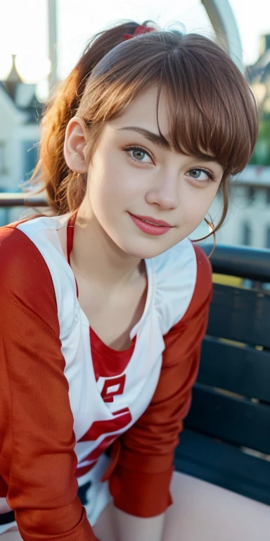 Photo of a 15-year-old European girl, .RAW, beautiful woman, (Light brown hair with ponytail hairstyle ), Ponytail hairstyle ((portrait)), ((detailed face:1.2)), ((detailed facial features)), (finely detailed skin), Pale skin , with freckles on cheeks ,park, london ferris wheel、white and red long sleeve shirt, red shorts, 、medium breasts , big smile (cool color), humid, humid, Reflectors, (Tabletop) (perfect proportions)(Realistic photos)(The best quality) (detailed) photographed with a Canon EOS R5, 50mm lens, f/2.8, NffSW, (8k) (wallpaper) (cinematic lighting) (Dramatic lighting) (sharp focus) (Convoluted) , park , whole body, beautiful woman body , posing for camera, sitting on bench , waving at the camera
