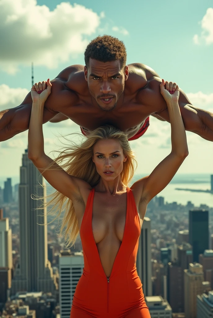 A beautiful woman with blond hair, intense eyes, and a fierce expression, wearing a colorful and stylish outfit, effortlessly lifting a large man high above her head with her strong and muscular arms, a dramatic wide-angle view of the cityscape skyline in the background, highly detailed, photorealistic, vivid colors, dynamic lighting, cinematic composition