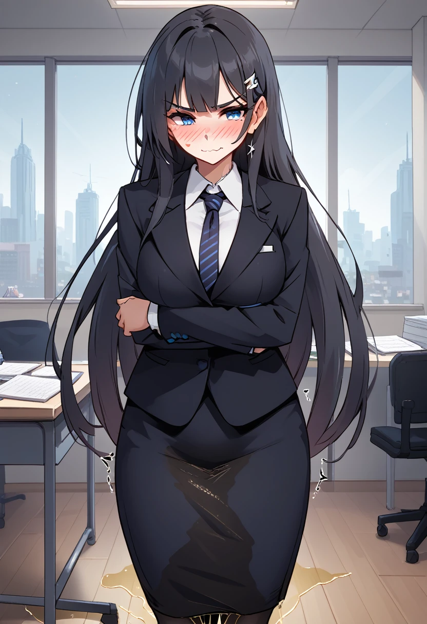 1girl, woman, (wetting self:1.75), desperation, (very long hair:1.5), straight hair, very long bangs, huge breasts, black hair, blue eyes, (black business suit:1.5), necktie, pencil skirt, pantyhose, (blushing:1.5), aroused, orgasm, smirk, wavy mouth, tears, trembling, (arms crossed:1.5), indoors, office, window, cityscape