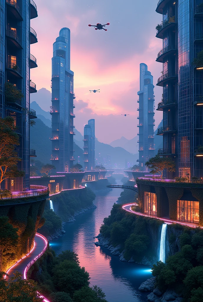  a mesmerizing fusion of nature and technology, the image showcases a futuristic cityscape set against a twilight sky. Towering skyscrapers with sleek, glass facades rise gracefully, their surfaces reflecting hues of deep blue and violet. These structures are interwoven with lush vertical gardens, where vibrant green foliage cascades down the sides, creating a living tapestry.

Waterfalls flow gently from the upper levels of the buildings, their crystalline waters illuminated by soft, colorful lights embedded within the architecture. The city’s streets are bathed in a gentle glow from bioluminescent plants that line the sidewalks, adding an ethereal quality to the scene.

Hovering vehicles zip silently through the air, leaving trails of shimmering light. In the background, distant mountains and a serene river add depth to the scene, merging the natural landscape with the urban marvel. The sky above transitions from a warm, glowing sunset to the cool, star-speckled expanse of night, framing the city in a dreamlike aura.