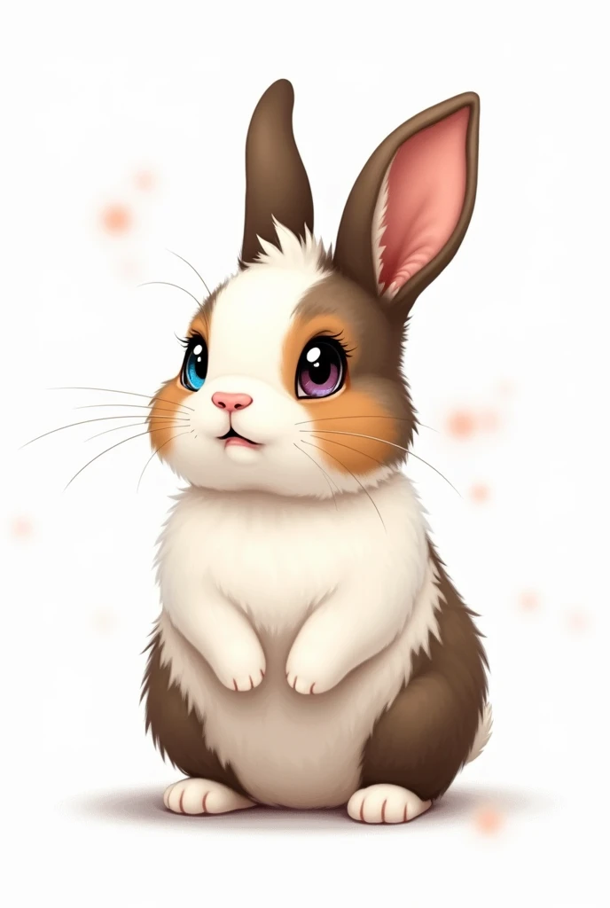 Illustration 2D sur fond blanc. Lapin nain tricolore écaille de tortue, poils de la tête plus longs, très petites oreilles, yeux vairon, tête blanche