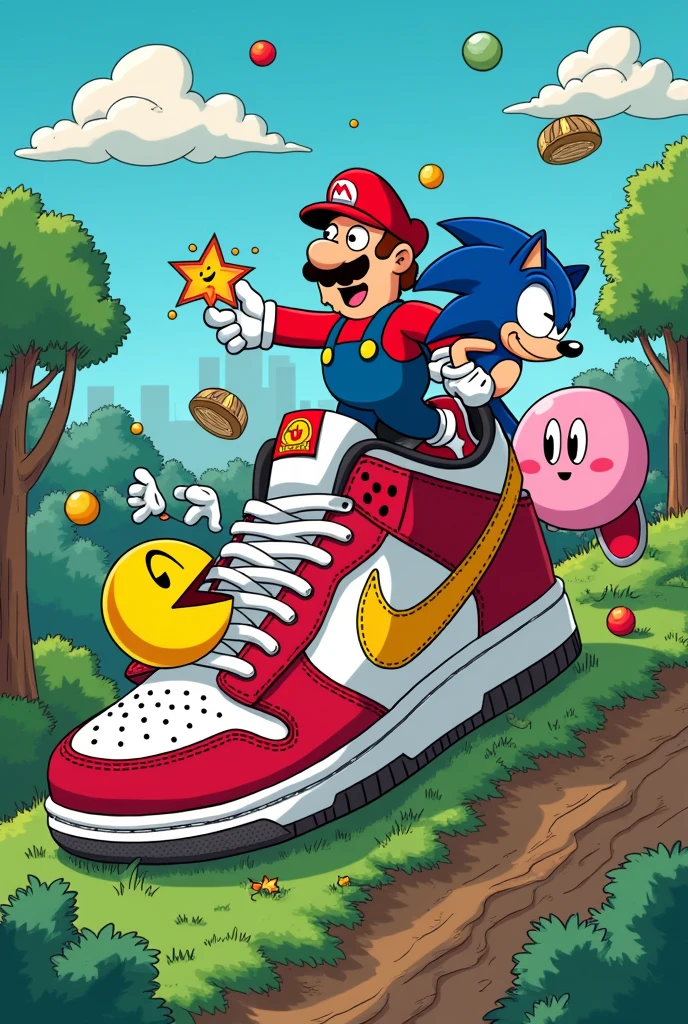 Family guy and PAC man and sonic Mario party on the shoe with Kirby
