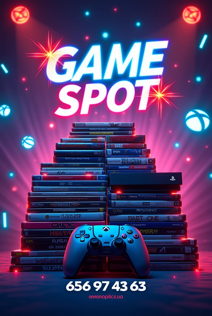 Je voudrais vendre des jeux ps4 , ps5 et Xbox . Le nom de ma boutique sera "GAME SPOT" et le numéro de téléphone whatsapp à contacter pour acheter des jeux sera "656 97 43 63". A partir de ces informations , je voudrais que tu me generes une affiche attrayante de vente de jeux vidéos , l'image doit bien refleter des étuis de jeux ps4 et xbox aussi ajoute aussi des consoles ps4 et xbox et ps4 , ajoutes des piles de jeux videos ps4 et xbox a limage ,inclues aussi une identification visuelle de la marque Ps4 , et Xbox aussi , en incluant sur limage le nom de ma boutique et aussi le numero de telephone whatsapp a contacter 656 97 43 63