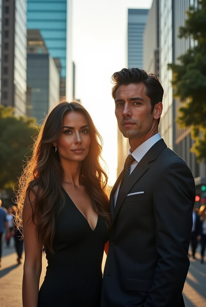 woman with brown hair and brown eyes along with a businessman black hair and green eyes