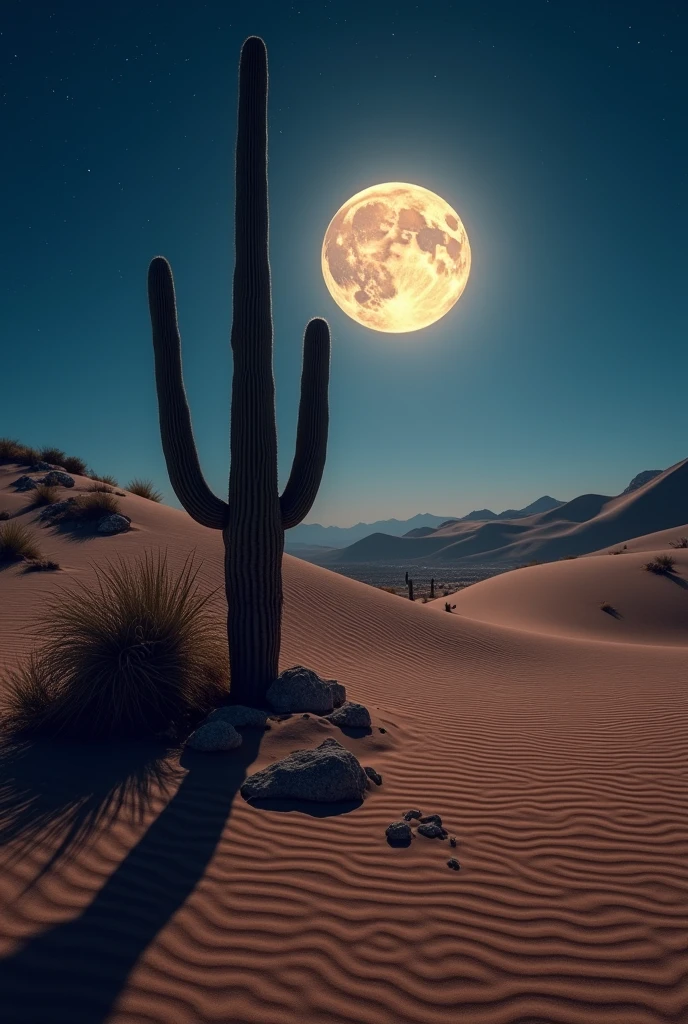 Create a realistic image with full resolution 8k cinematic quality of a serene desert landscape under a night sky dominated by a massive, glowing full moon. The moonlight casts long shadows over the sand dunes, highlighting their smooth curves and textures. In the foreground, a lone, ancient saguaro cactus stands tall, its silhouette stark against the illuminated desert. Scattered rocks and sparse vegetation add to the ruggedness of the scene. The sky is clear, with the stars twinkling faintly, complementing the brilliance of the moon. The sand reflects the moonlight, creating a soft, almost surreal glow. The colors should feature a mix of warm earth tones from the sand and cool blues from the sky. The composition should emphasize the vastness and solitude of the desert, with the large moon providing a focal point. The focus should be on the cactus and the details of the sand, with a gradual blur towards the distant dunes.