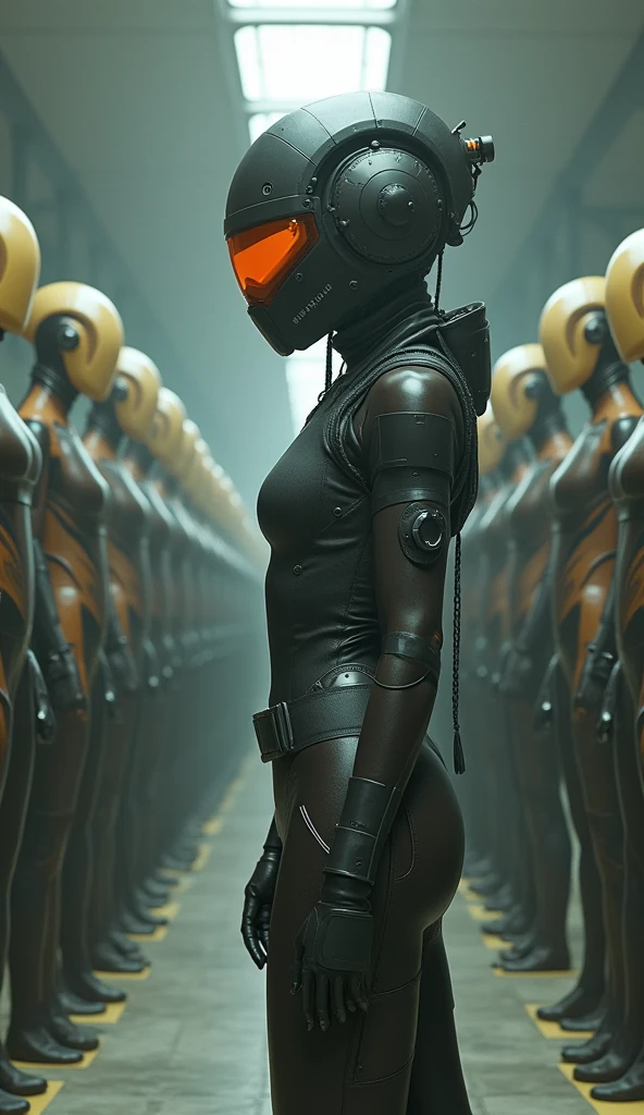 a woman with a helmet standing in front of a group of mannequins, cyberpunk art by Jim Burns, cgsociety, retrofuturism, daz3d, ps1 graphics, dystopian art
