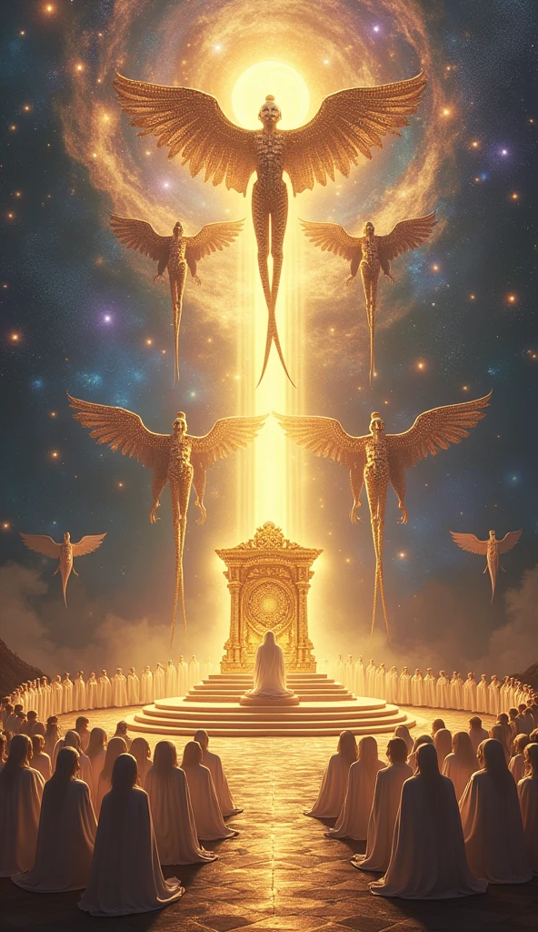 A majestic throne surrounded by 24 elders in white robes, seated in a semi-circle. Above the throne, four powerful, otherworldly creatures with wings and eyes all over their bodies. The throne emits a radiant, golden light, symbolizing divine authority.