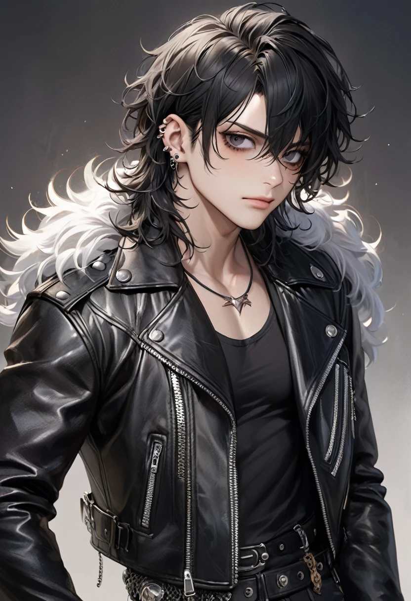 Ultra-high resolution,(Realistic:1.4), ((Highest quality)), ((masterpiece)), Black hair、ruffled fluffy hair、curly hair、Short Hair、Flowing bangs、black eyes、Cool guy 、 biker、adultの歳,Short bangs,Cool piercings,Sparkling、Sidelong glance、Alluring、adult、looks strong 、Visual Kei、Handsome、HYDE、Droopy eyes、Singing、Charisma、juvenile、Beardless、Droopy eyes, mascular, leather jacket, biker attire gear,