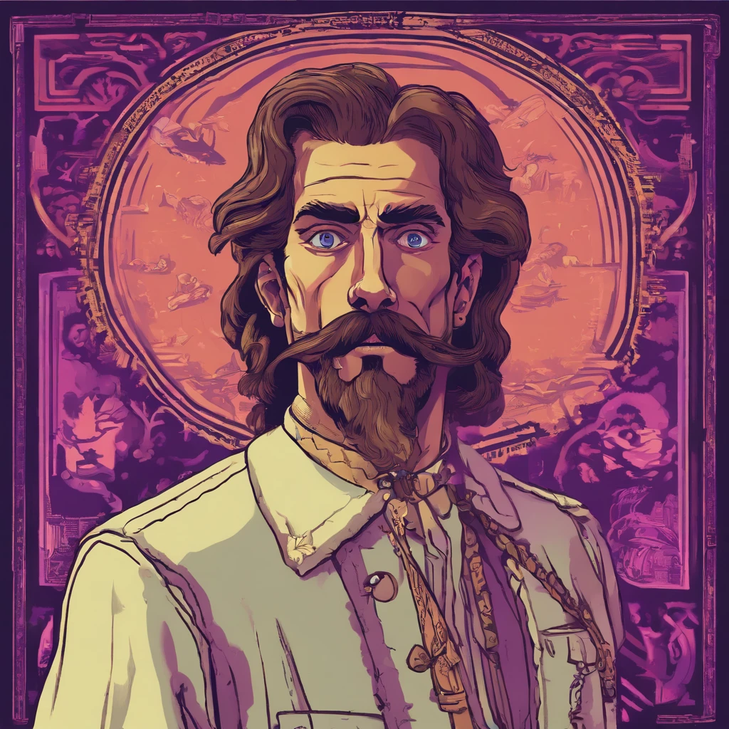 a man with medium stature and long hair, his delicate features accentuated by a pale and almost translucent skin, a french-style mustache adds a historic touch, his violet eyes with a distant and enigmatic gaze are the most striking feature, conveying a sense of emptiness and mystery, (best quality,4k,8k,highres,masterpiece:1.2),ultra-detailed,(realistic,photorealistic,photo-realistic:1.37),1 man,detailed face,detailed eyes,detailed lips,detailed skin,french mustache,violet eyes,mysterious expression,empty gaze,historical aesthetic,pale skin,translucent skin,medium height,long hair

