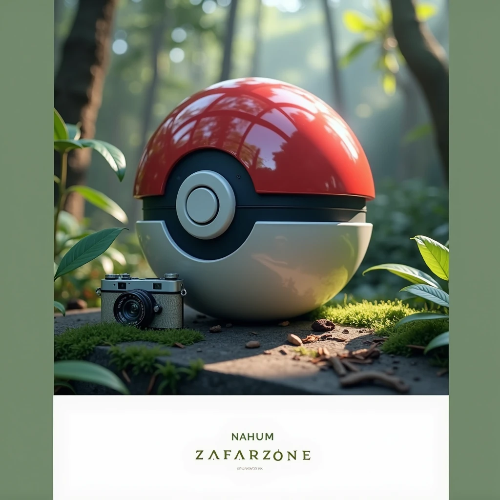 Create a pokeball and camera photography, the background should be a jungle and it should be high resolution, include the letters “zafarizone  by NahUM” dynamically, logo. 