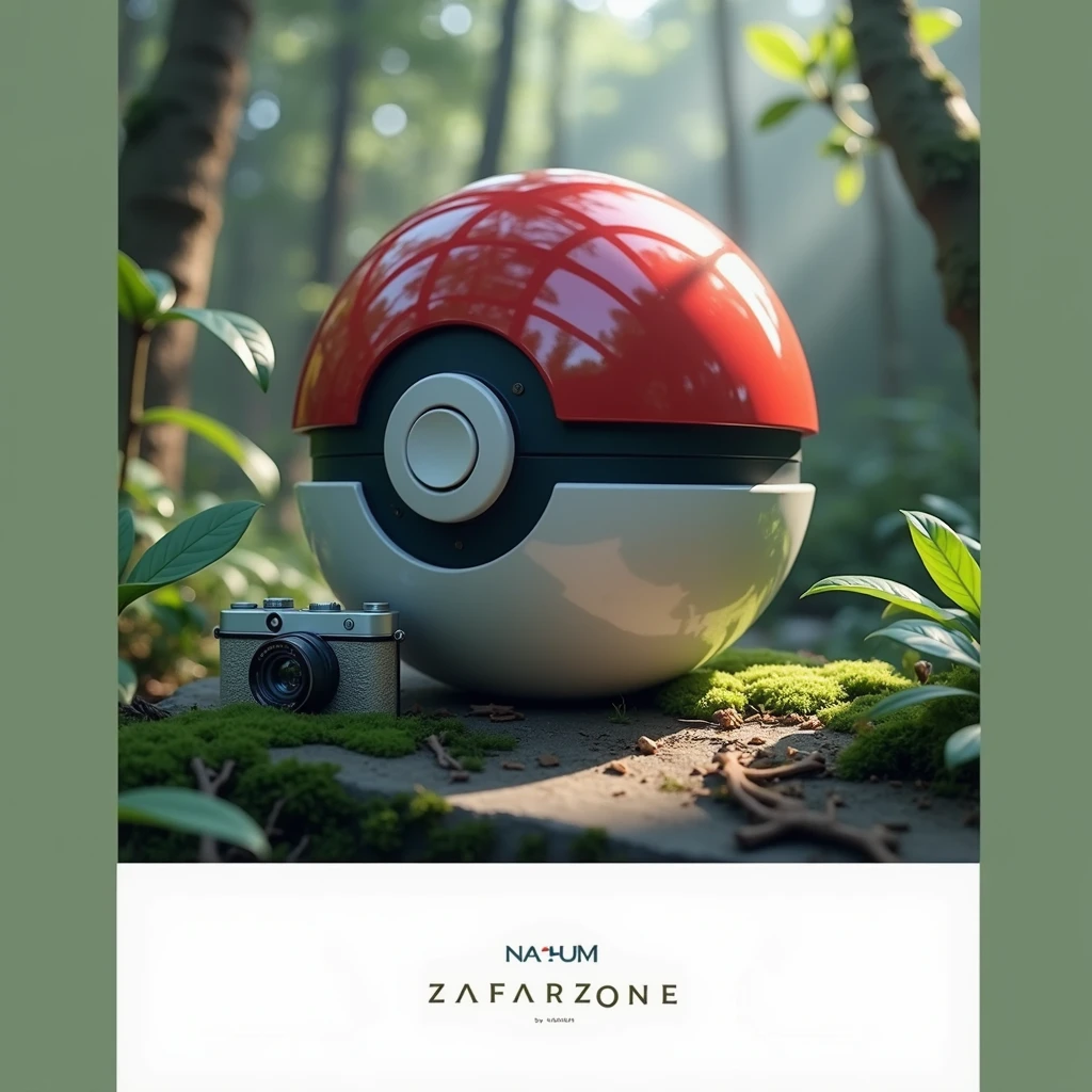 Create a pokeball and camera photography, the background should be a jungle and it should be high resolution, include the letters “zafarizone by NahUM” dynamically, logo.
