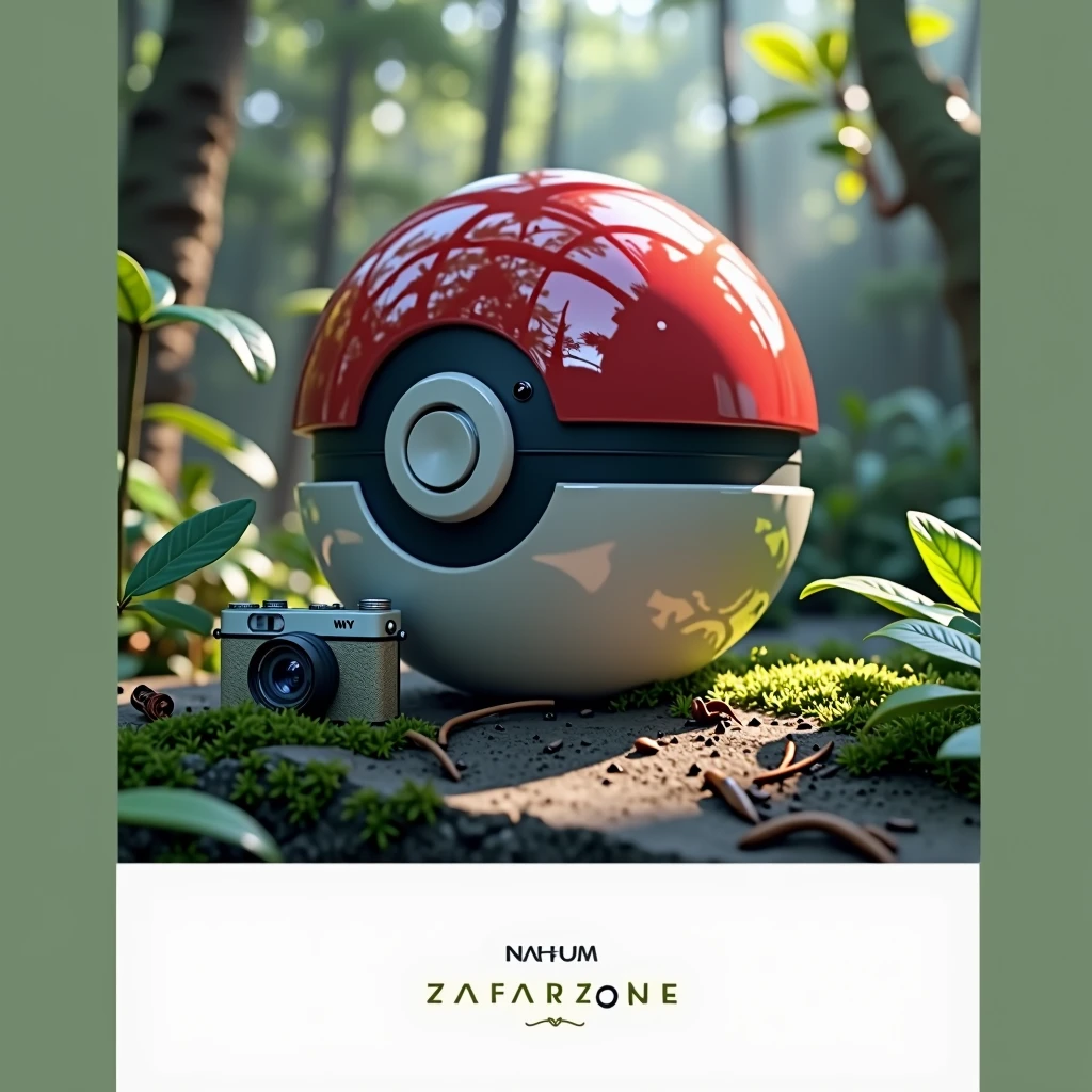 Create a pokeball and camera photography, the background should be a jungle and it should be high resolution, include the letters “zafarizone by NahUM” dynamically, logo.