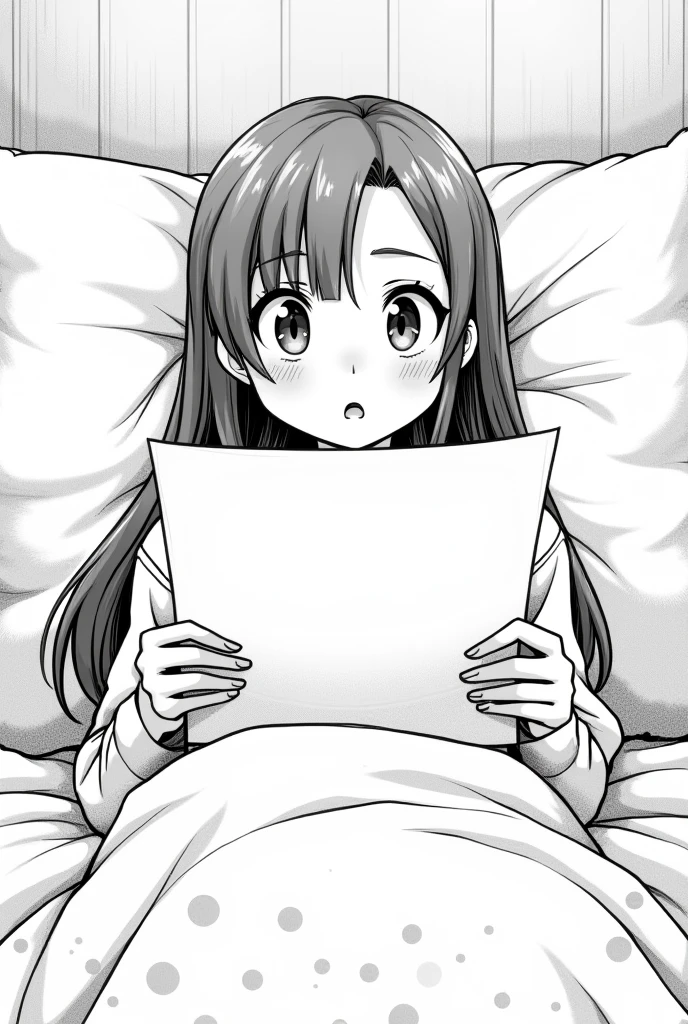 A black and white line drawing, semi-close-up shot (Medium shot):** Mint sits down on the edge of the bed and opens a document to read. Her expression shows shock.