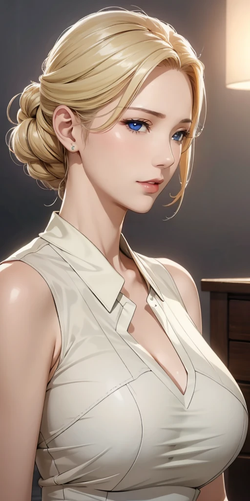 Elegant mature female, perfecteyes eyes, blue eyes, blonde hair, soft light, high detailed, 4k resolution, high quality, beautiful cg,