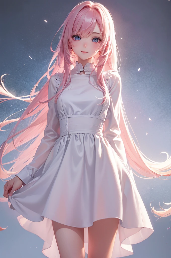 Best Quality,High resolution,8k,(plain white background, no patterns, no textures, just a plain white background:1.3),Masterpiece:1.2),beautiful girl,Shiny pink hair,messy hair,Pink eyes,She wears a white shirt over her underwear.,Light blue long skirt,Gentle look,A refreshing look,smile,Best quality,Best Quality,Aesthetic and aesthetic:1.2,Best details((Super detailed))(High-definition CG illustrations),Slender body,smile,blush,cute,Scrounge,Looking up,Being spoiled,super model,(focus face)