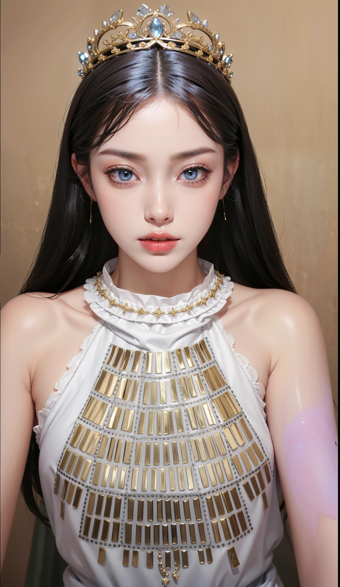 Royal sisters，Exquisite eyes，Frozen Queen，Put the crown on your head，Detailed facial expressions body，Tall and big，Glamorous characters，Leg length，4K，HD，Sensual，White translucent lace，白皙full image，Little cherry mouth，Beautiful and lovely，full image，Glossy Gel Coat，Vampire Queen in luxurious robes，Have a tattoo(Intricate tattoo designs)，Ice Princess，Rich facial details，Angel，Eyes are blue(Pupils as deep as the starry sky)，Silk printed clothes，Necklace gold，Chinese Hanfu，Arms straight