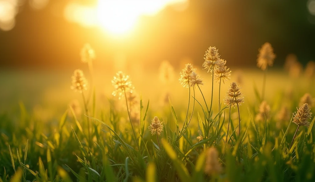 (best quality,highres:1.2),radiant sunrise over calm and serene landscape,windswept,beautiful flowers,texture details, lush green grass.