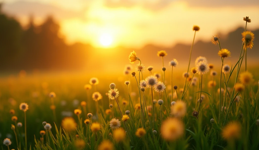 (best quality,highres:1.2),radiant sunrise over calm and serene landscape,windswept,beautiful flowers,texture details, lush green grass.