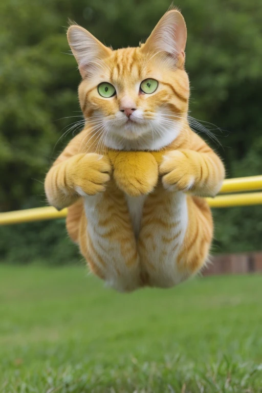 a yellow cat with green eyes jumping in the jump