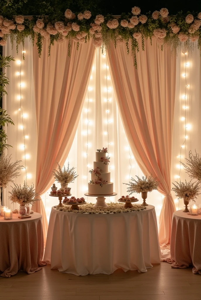 Create a decoration with a backdrop, cake table and sweets for a wedding, and put some smaller tables, Do something different and creative
