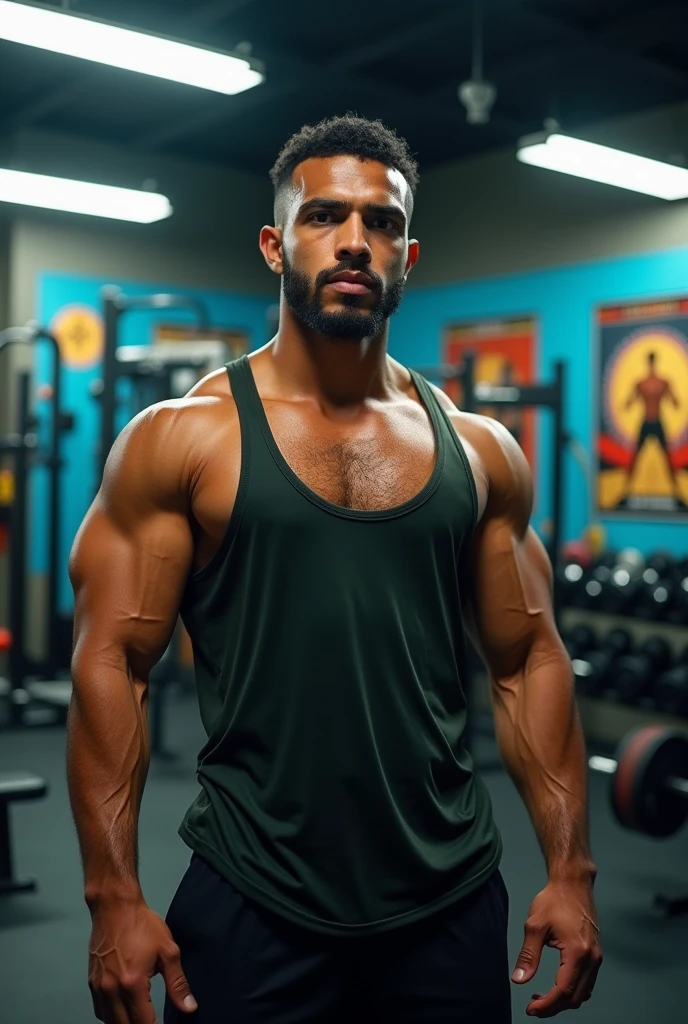 A young Maghrebian man with mixed race skin, 22 years old, shaved with short hair and a goatee, athletic build, photo with a tank top at the gym