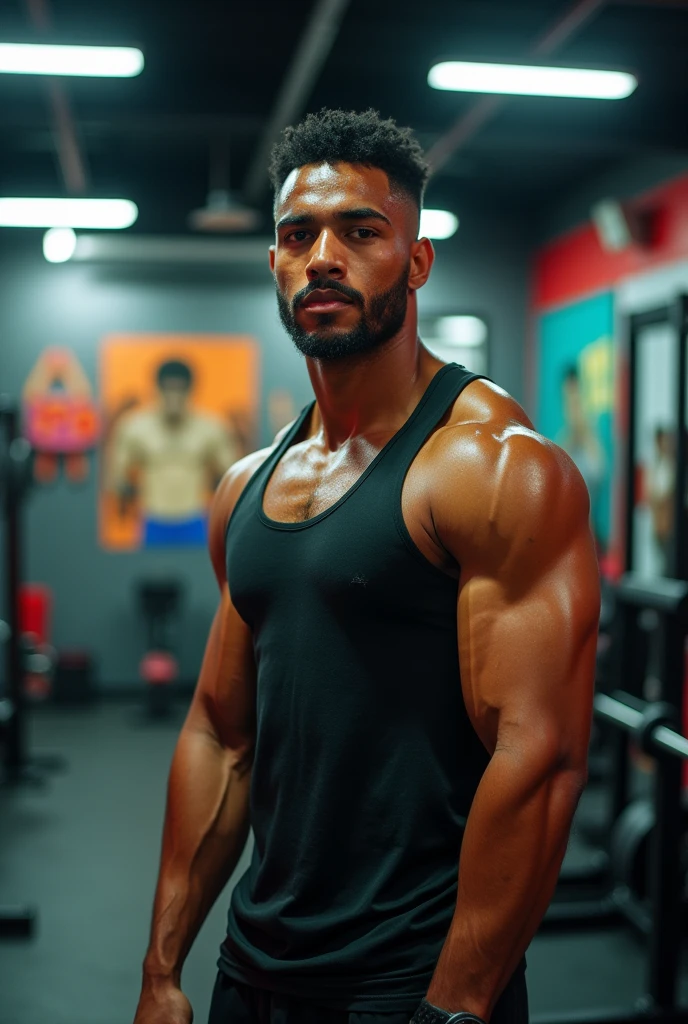 A young Maghrebian man with mixed race skin, 22 years old, shaved with short hair and a goatee, athletic build, photo with a tank top at the gym