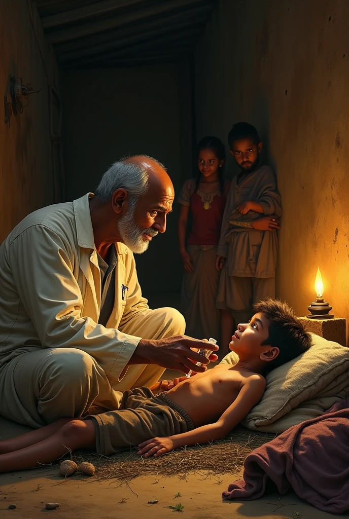 Scene 3: Treating Raju**
Inside a dimly lit hut, show Dr. Sudhir caring for young Raju. The scene includes worried family members in the background and Dr. Sudhir carefully administering medicine to the boy, highlighting the seriousness of the situation.