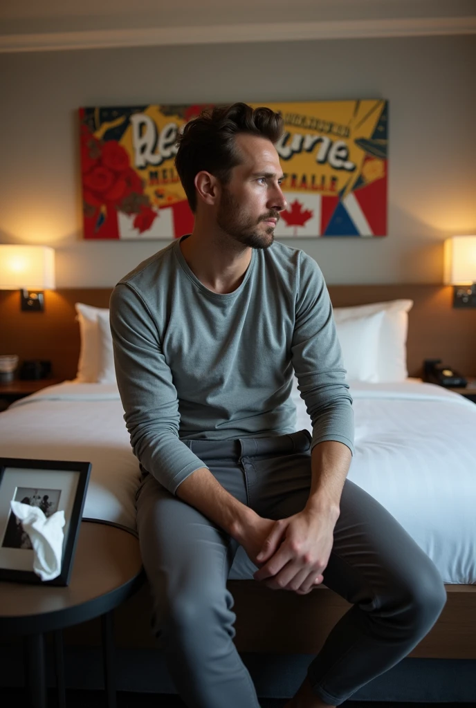 Homme caucasien grand de taille, charmant, un peu costaud, habillé en pantalon et tee-shirt manche longue, assis ou adossé sur une table dans une grande chambre d'hôtel et sur la table sur laquelle est assis ou adossé le charmant homme il faut qu'il y ait un papier mouchoir déjà utilisé sur la table et sur le lit de l'hôtel qu'il soit déposer un cadre photo grand ou moyen qu'il est possible de faire arrêter sur le lit et faire face à la caméra et sur le mur du chevet du lit un tableau sur lequel il est écrit en français : Bienvenue à Melbourne AUSTRALIE et autour de la phrase qu'il y ait les emblèmes du Canada Québec ou le drapeau du Canada Québec