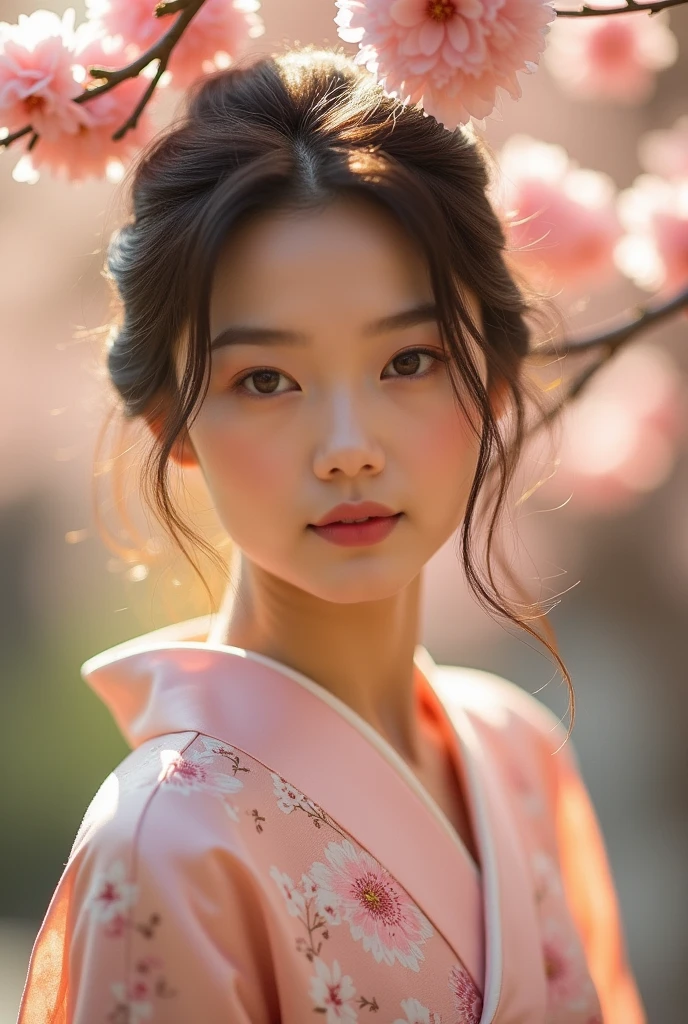 An elegantly dressed Japanese woman in natural light、A close-up of her chest and calm expression.、It shows her inner peace and outer charm.。