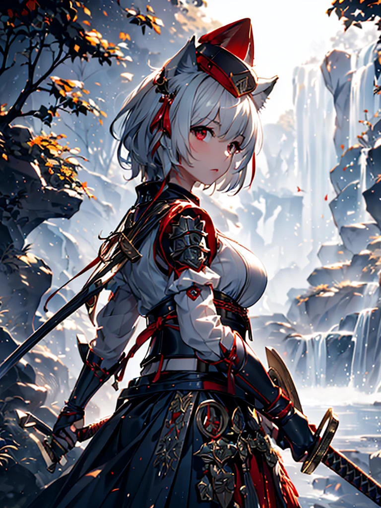 a detailed portrait of inubashiri_momiji_touhou, a girl with animal ears, wolf ears, short white hair, red eyes, wearing a tokin hat, with a wolf tail, blushing, with breasts, wearing medieval armor, Dark blue Scaly breast armor, dark blue skirt, bare legs, katana, (best quality,4k,8k,highres,masterpiece:1.2),ultra-detailed,(realistic,photorealistic,photo-realistic:1.37),highly detailed face, extremely detailed eyes and face, longeyelashes, detailed facial features, intricate armor textures, detailed fur textures, detailed medieval fantasy style, warm color tones, dramatic lighting